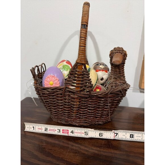 Vintage Wicker Basket With Hand-Painted Ceramic Eggs & Goose/Duck Head Design - Picture 4 of 9